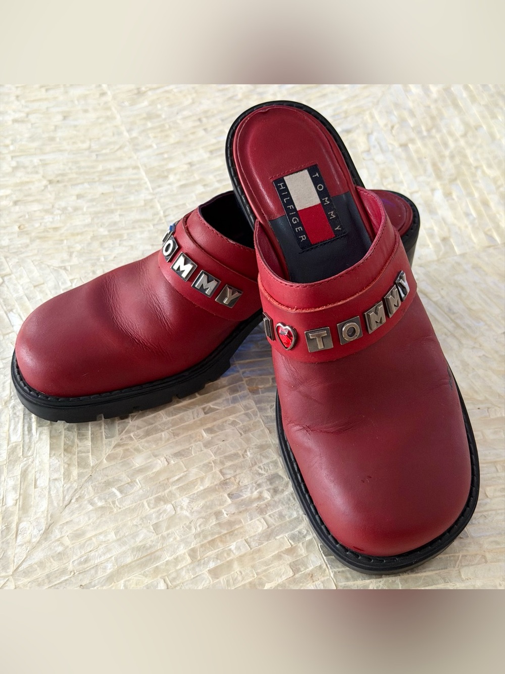 Tommy Hilfiger Red Leather Clog Mules Heart Studded Logo Vintage Y2K Size 6